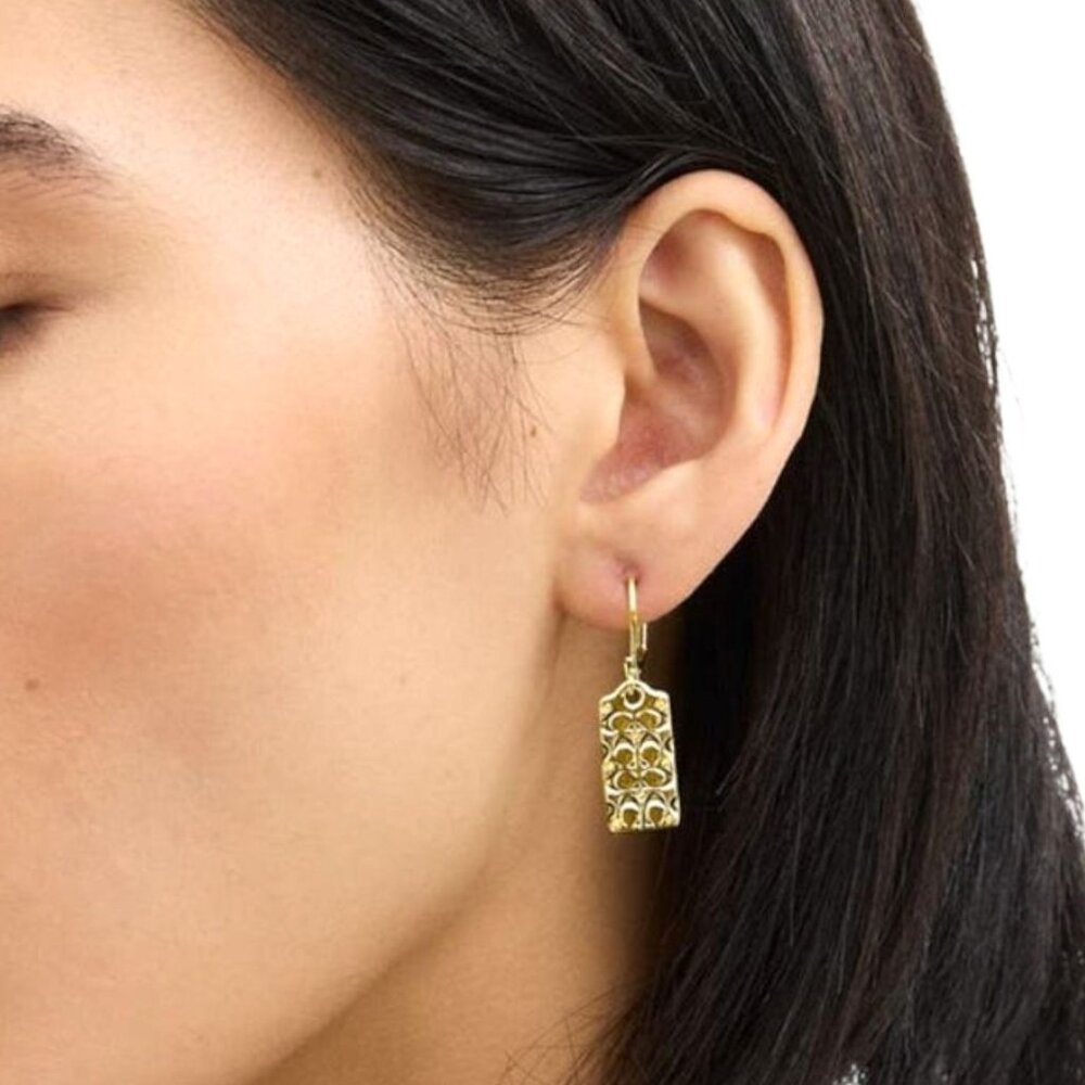 Coach New York Gold Logo Quilted Drop Earrings NWT - Picture 1 of 7